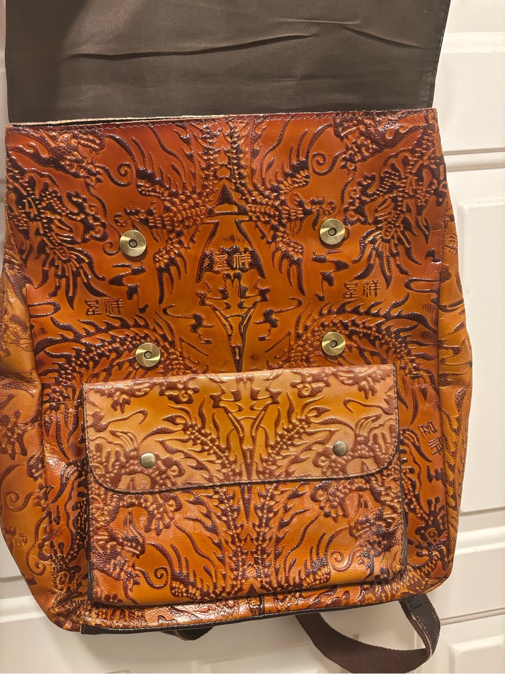 Leather, tooled, backpack - Picture 2 of 3